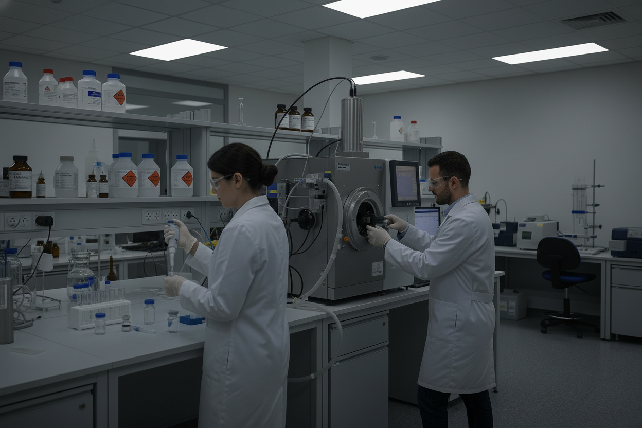 generate a realistic image of an analytical chemistry lab with real life instrumentation like a mass spectrometer with two scientists preparing and testing a sample